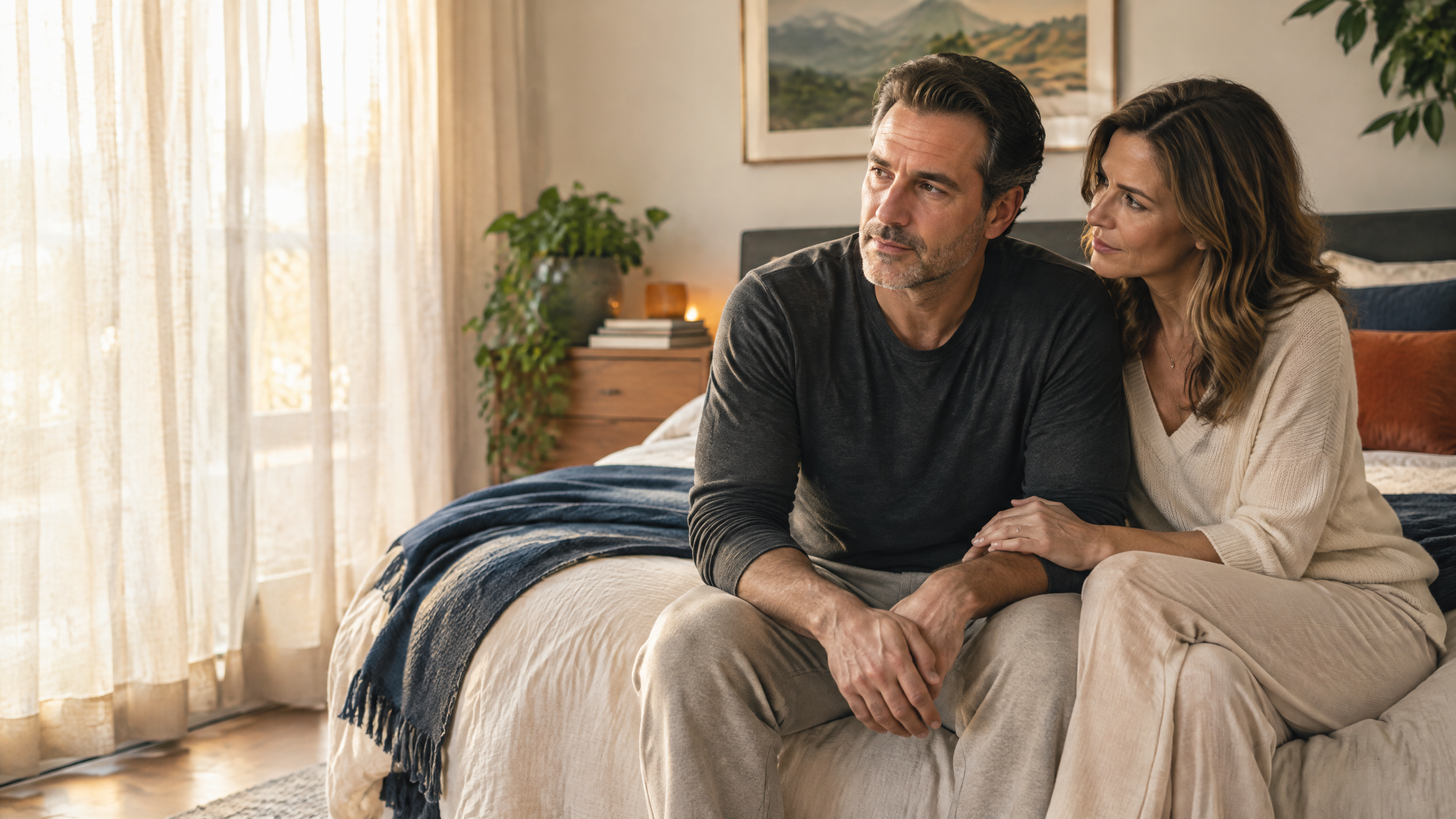 Middle-aged couple sitting together on a bed, reflecting on why do men lose their sex drive and the effects of stress and emotional connection.